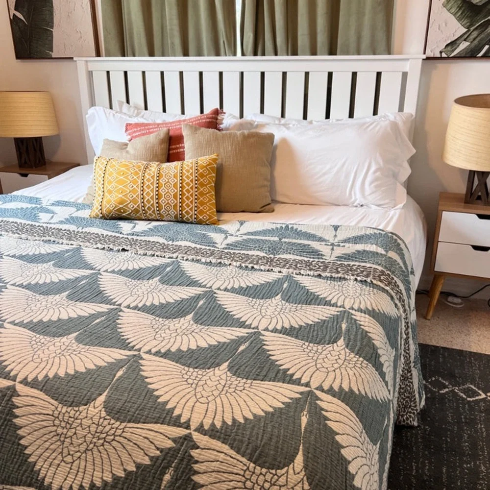 KING Luxury Bedspread Organic Muslin Quilted Crinkle 2 Side Peacock Teal Crane
